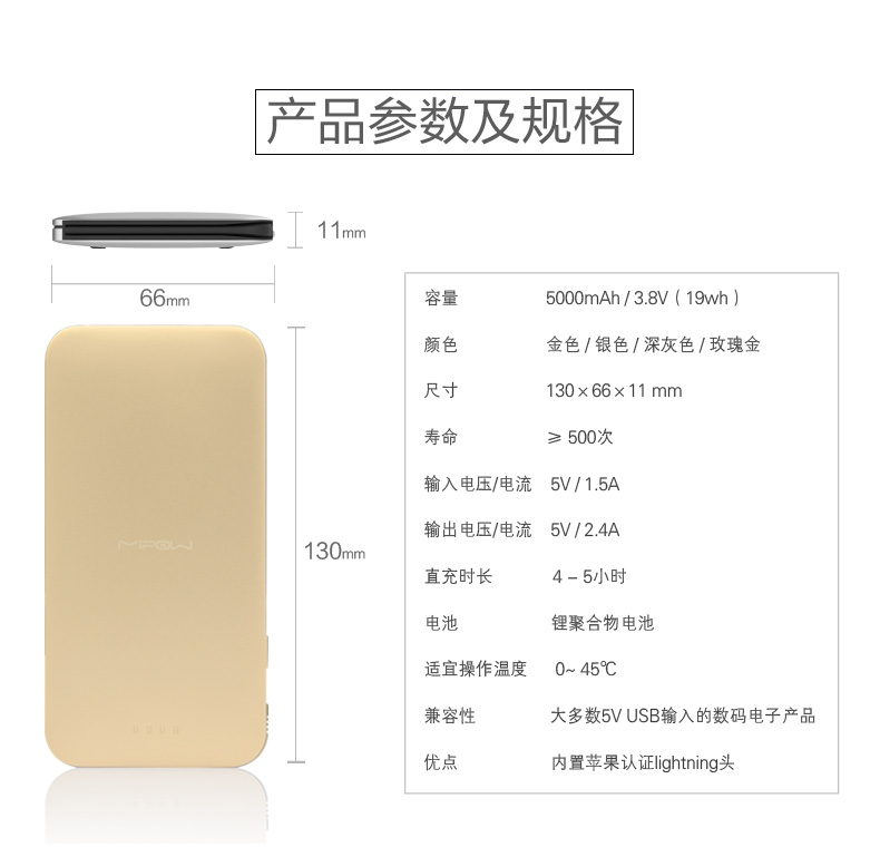 MIPOW迷你便携超薄移动电源iPhone苹果手机专用MFi认证充电宝