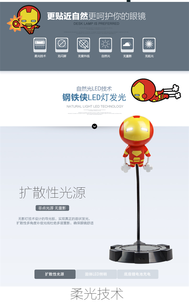 迪士尼正版漫威卡通钢铁侠公仔节能充电led台灯夜灯便携阅读灯 上海礼物