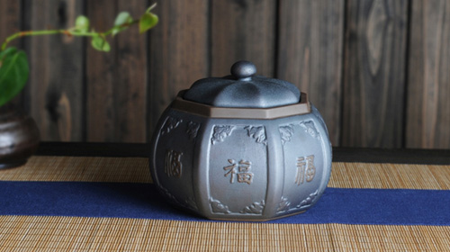 铁石釉六面福茶叶罐